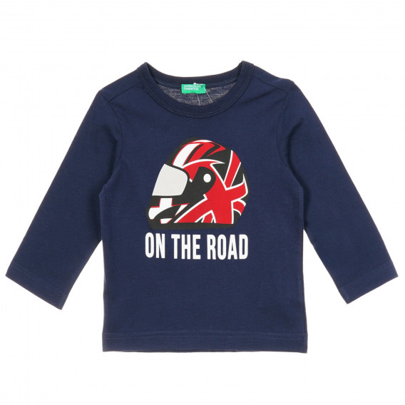 Βαμβακερή μπλούζα με τα γράμματα On the road, σε σκούρο μπλε Benetton 221295 