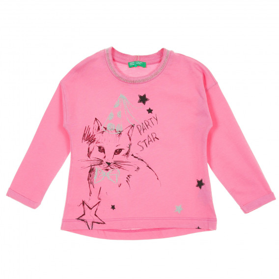 Βαμβακερή μπλούζα με τύπωμα με γατάκι, ροζ Benetton 221343 