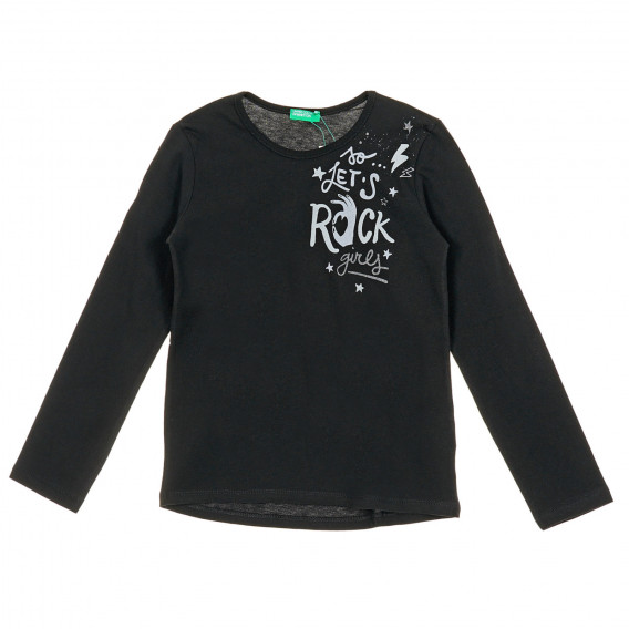 Βαμβακερή μπλούζα με μακριά μανίκια και τα γράμματα So lets Rock, μαύρη Benetton 221351 