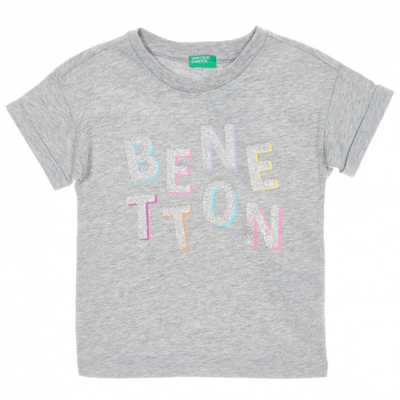 Βαμβακερό μπλουζάκι με επιγραφή brocade, γκρι Benetton 224442 