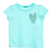 Βαμβακερή μπλούζα με κοντά μανίκια και μπρόκ καρδιά, μπλε Benetton 224533 