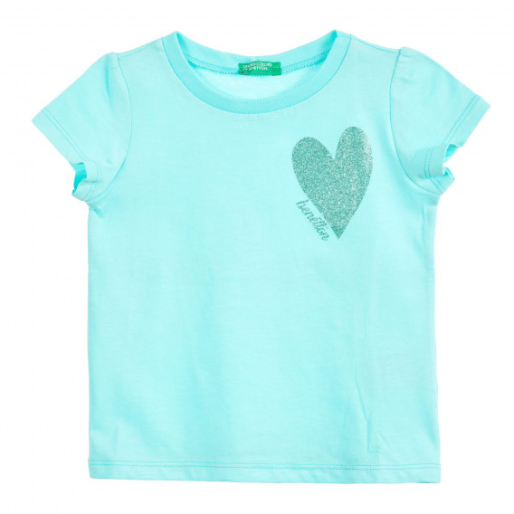 Βαμβακερή μπλούζα με κοντά μανίκια και μπρόκ καρδιά, μπλε Benetton 224533 