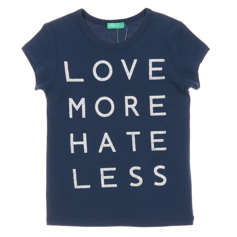 Βαμβακερή μπλούζα με κοντά μανίκια και επιγραφή Αγάπη περισσότερο μίσος λιγότερο, σκούρο μπλε  224549