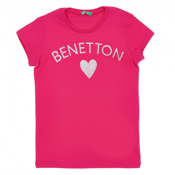 Βαμβακερό μπλουζάκι με επιγραφή μπρόκ και καρδιά, σκούρο ροζ Benetton 224656 