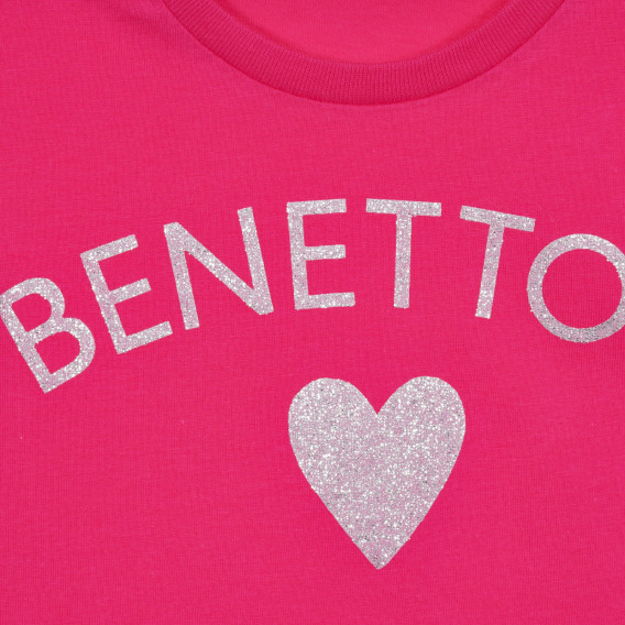 Βαμβακερό μπλουζάκι με επιγραφή μπρόκ και καρδιά, σκούρο ροζ Benetton 224657 2