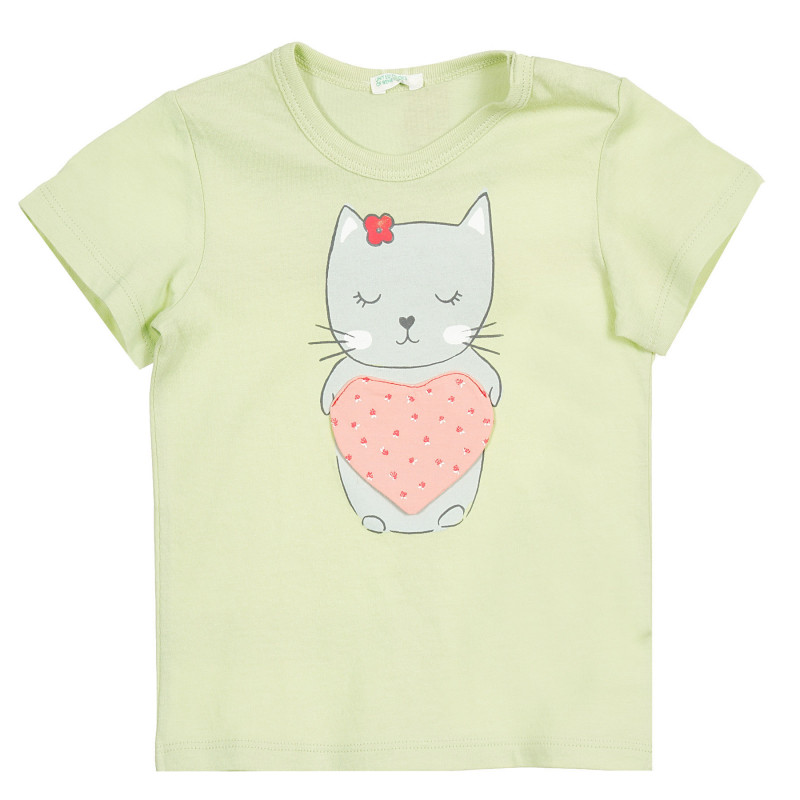 Βαμβακερή μπλούζα με τύπωμα γατάκι, ανοιχτό πράσινο  224700
