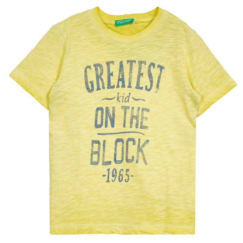 Βαμβακερή μπλούζα με κοντά μανίκια και επιγραφή, κίτρινο  224716