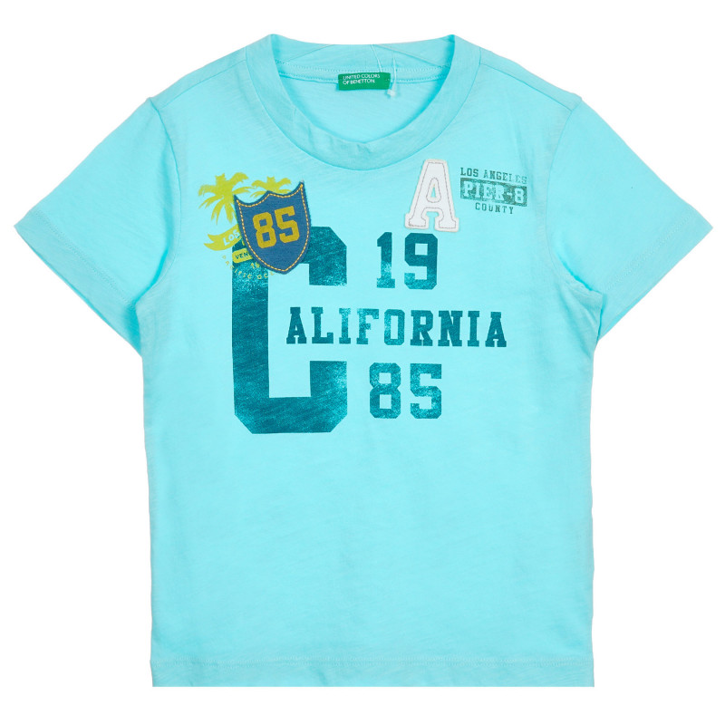 Βαμβακερό μπλουζάκι με απλικέ και επιγραφή, γαλάζιο  224723