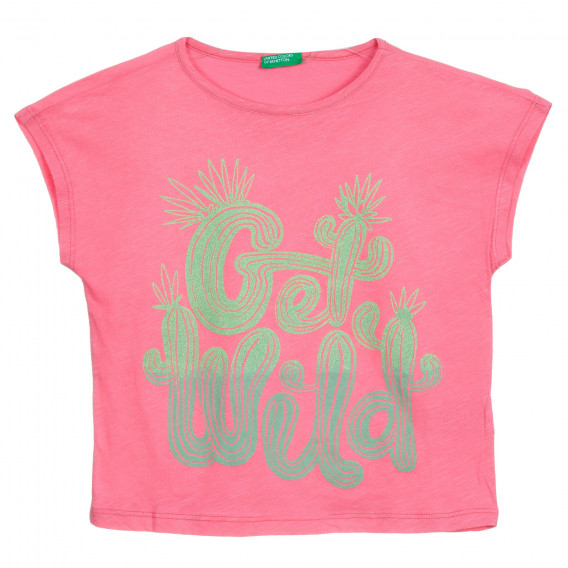 Βαμβακερό μπλουζάκι με πράσινη επιγραφή, ροζ Benetton 224751 
