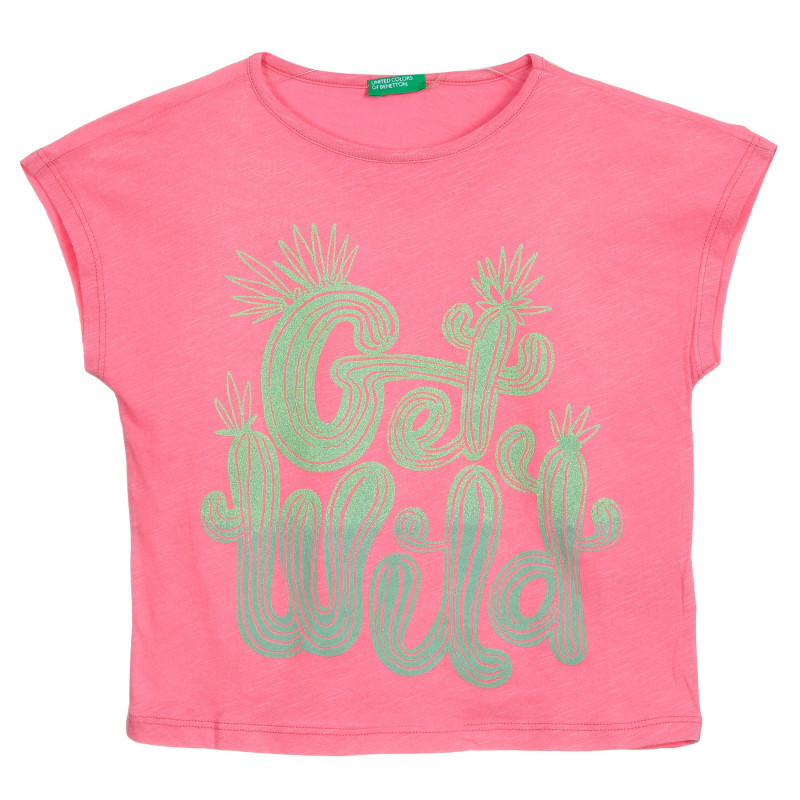 Βαμβακερό μπλουζάκι με πράσινη επιγραφή, ροζ  224751