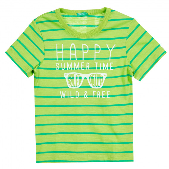 Βαμβακερό μπλουζάκι με επιγραφή και ρίγες, πράσινο Benetton 224755 