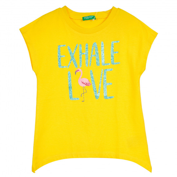 Βαμβακερή μπλούζα με φλαμίνγκο για ένα μωρό, κίτρινο Benetton 224811 