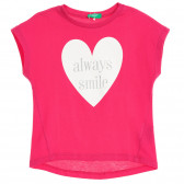 Βαμβακερό μπλουζάκι με επιγραφή καρδιά και μπροκάρ, ροζ Benetton 224827 