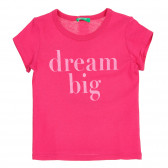 Βαμβακερό μπλουζάκι με την επιγραφή Dream big , σκούρο ροζ Benetton 224859 