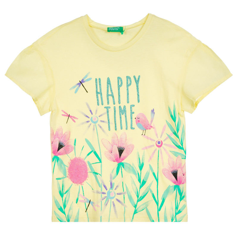 Βαμβακερή μπλούζα με κοντά μανίκια και λουλουδάτη εκτύπωση, κίτρινο  224911