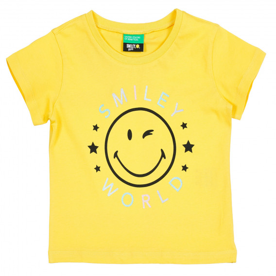 Βαμβακερό μπλουζάκι με emoticon και επιγραφή για ένα μωρό, κίτρινο Benetton 224935 