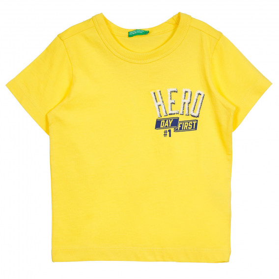 Βαμβακερό μπλουζάκι με επιγραφή για μωρό, κίτρινο Benetton 224939 