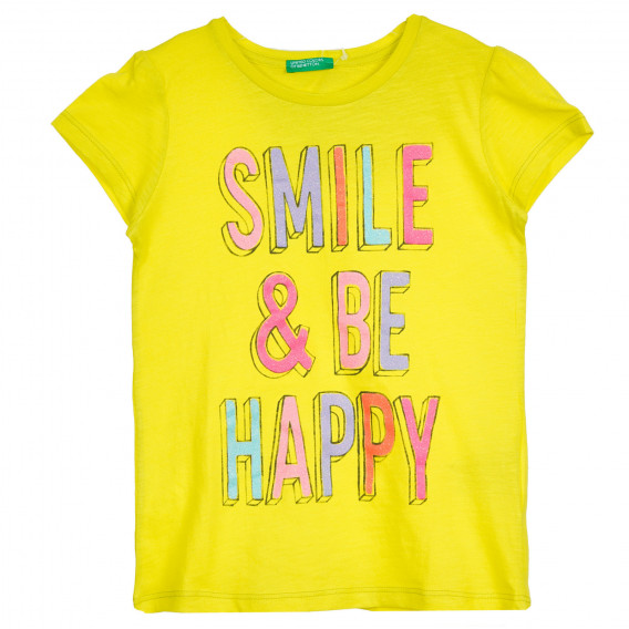 Βαμβακερό μπλουζάκι με χαμόγελο και επιγραφή, κίτρινο Benetton 224959 