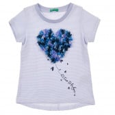 Βαμβακερό πουκάμισο με κοντά μανίκια και floral απλικέ, γαλάζιο Benetton 225095 