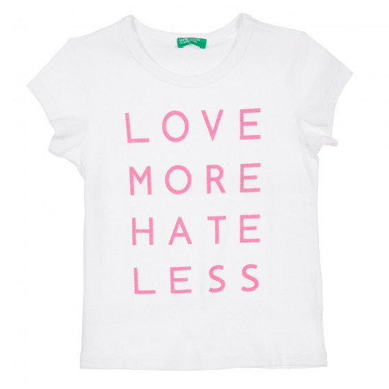 Βαμβακερή μπλούζα με κοντά μανίκια και επιγραφή Αγάπη περισσότερο μίσος λιγότερο, λευκό Benetton 225103 
