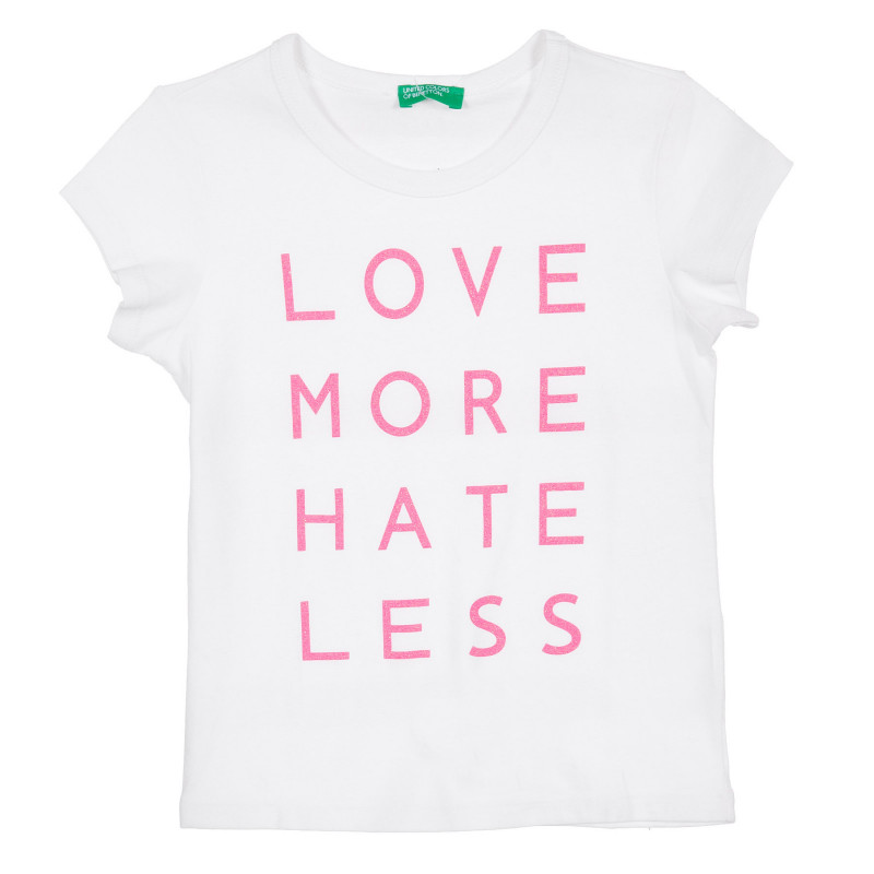 Βαμβακερή μπλούζα με κοντά μανίκια και επιγραφή Αγάπη περισσότερο μίσος λιγότερο, λευκό  225103