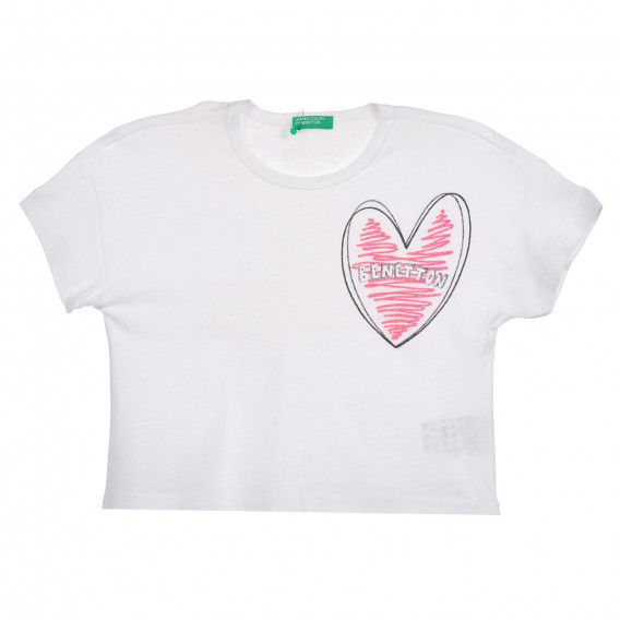 Βαμβακερή μπλούζα με κοντό μανίκι και καρδιά, λευκό Benetton 225213 