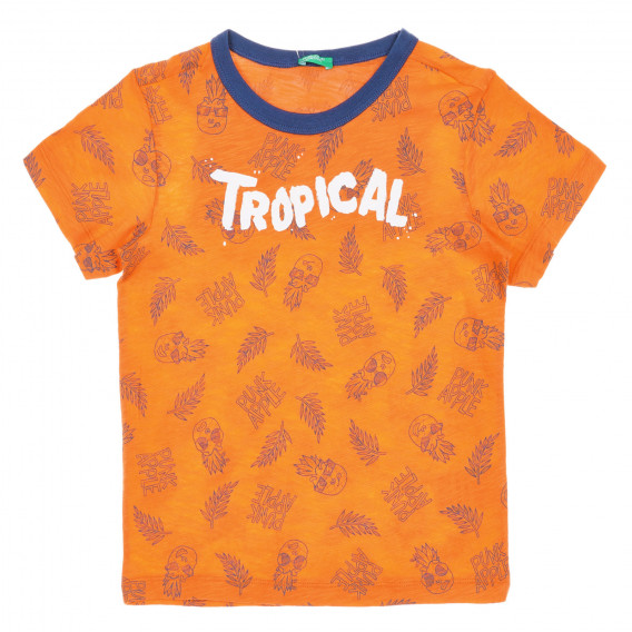 Βαμβακερό μπλουζάκι με τύπωμα και την επιγραφή Τροπικό, πορτοκαλί Benetton 225444 