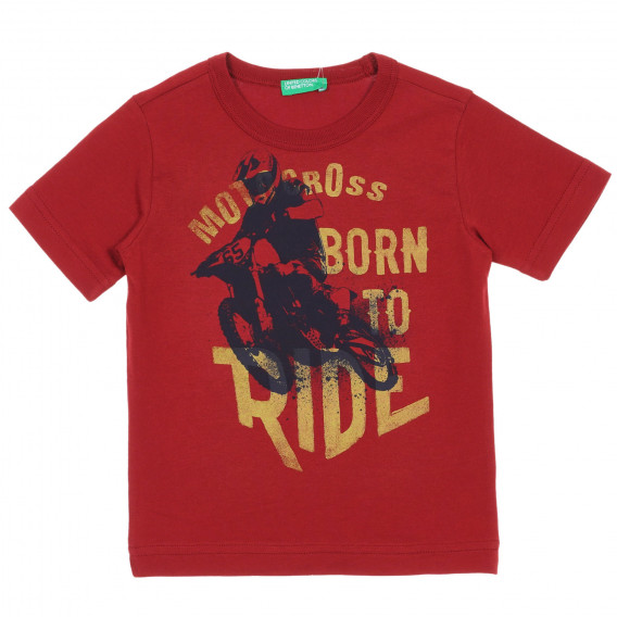 Βαμβακερό μπλουζάκι με τύπωμα μοτοσυκλέτας, κόκκινο Benetton 225472 