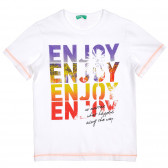Βαμβακερό μπλουζάκι με την επιγραφή Απολαύστε, λευκό Benetton 225528 