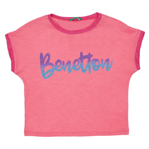 Βαμβακερό μπλουζάκι με επιγραφή brocade, ροζ Benetton 225556 