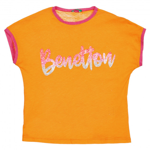 Βαμβακερό μπλουζάκι με ροζ πινελιές και επιγραφή με μπρόκ, πορτοκαλί Benetton 225560 