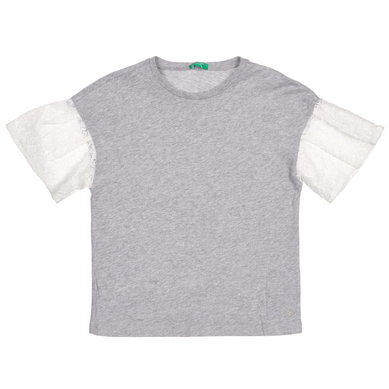 Βαμβακερή μπλούζα με κοντά μανίκια δαντέλα, γκρι  225664