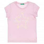 Βαμβακερό μπλουζάκι με την επιγραφή της μάρκας, ροζ Benetton 225691 