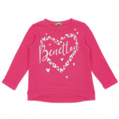 Βαμβακερή μπλούζα σε ροζ χρώμα με μπροκάρ επιγραφή  Benetton 226936 