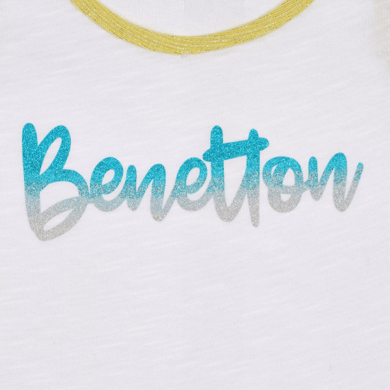 Βαμβακερή μπλούζα με κίτρινες πινελιές και λογότυπο μάρκας, λευκή Benetton 227261 2