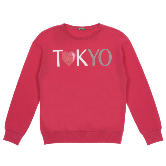 Βαμβακερό φούτερ με επιγραφή TOKYO, ροζ Benetton 227480 