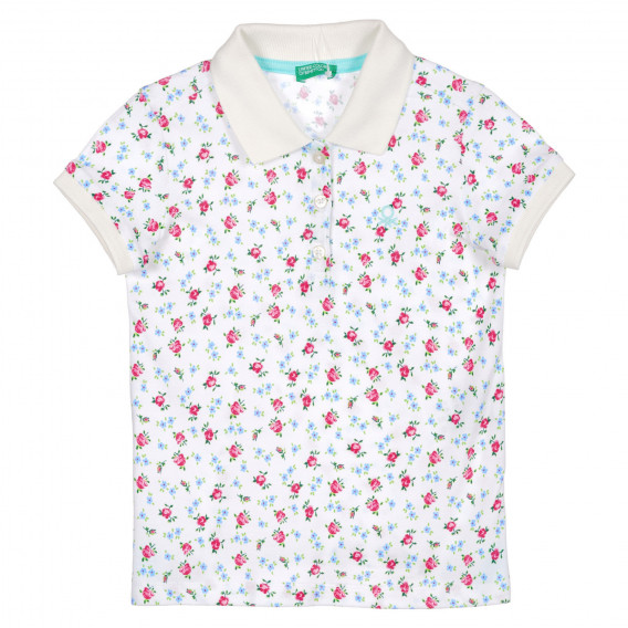 Βαμβακερή μπλούζα με γιακά και φλοράλ σχέδια, λευκή Benetton 227881 