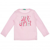 Βαμβακερή μπλούζα με μακριά μανίκια και μπροκάρ επιγραφή, ροζ Benetton 227951 