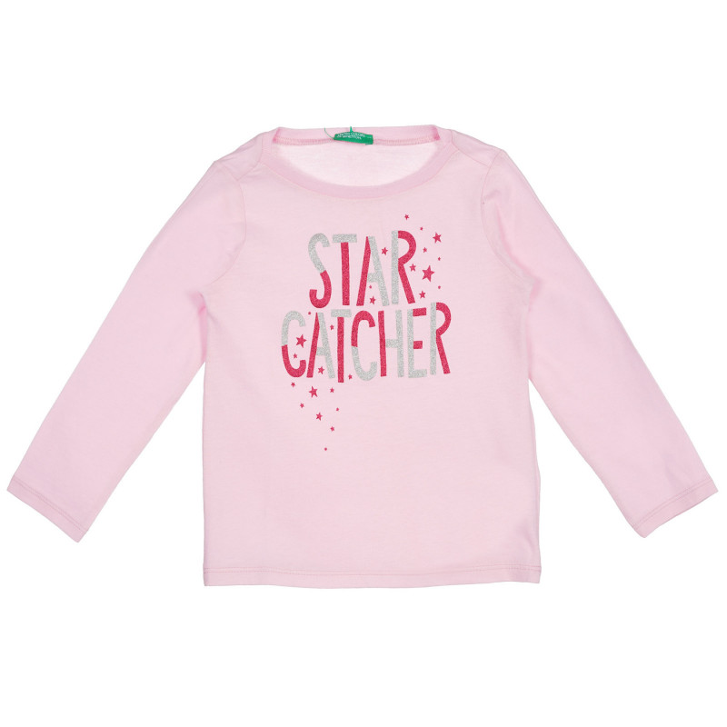 Βαμβακερή μπλούζα με μακριά μανίκια και μπροκάρ επιγραφή, ροζ  227951