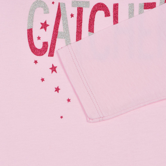 Βαμβακερή μπλούζα με μακριά μανίκια και μπροκάρ επιγραφή, ροζ Benetton 227953 3