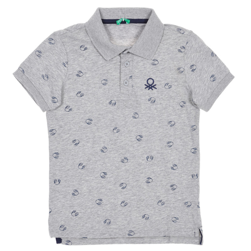 Βαμβακερή, κοντομάνικη μπλούζα με γιακά και τυπωμένα σχέδια, γκρι  228121