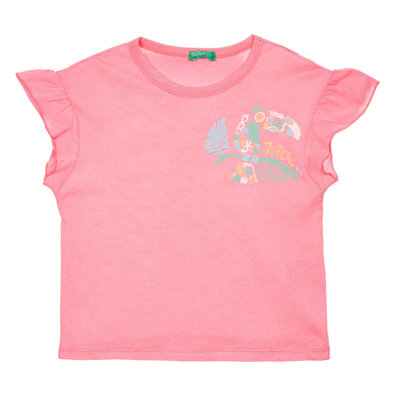 Βαμβακερό μπλουζάκι με βολάν και τύπωμα, ροζ  228326