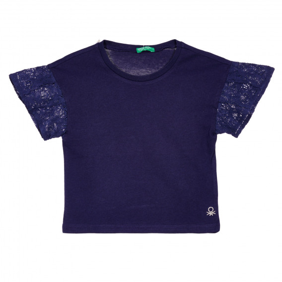 Βαμβακερό μπλουζάκι με δαντέλα μανίκια για ένα μωρό, σκούρο μπλε Benetton 228386 