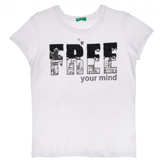 Βαμβακερό μπλουζάκι με πούλιες επιγραφή, λευκό Benetton 228595 