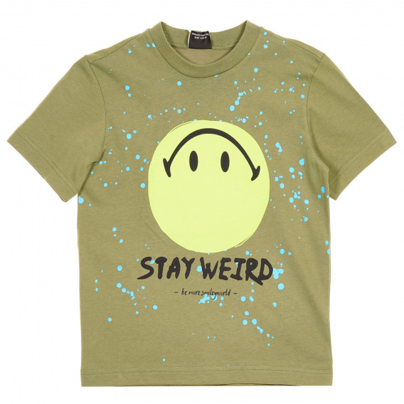 Βαμβακερό μπλουζάκι με τύπωμα emoticon, πράσινο Benetton 228773 