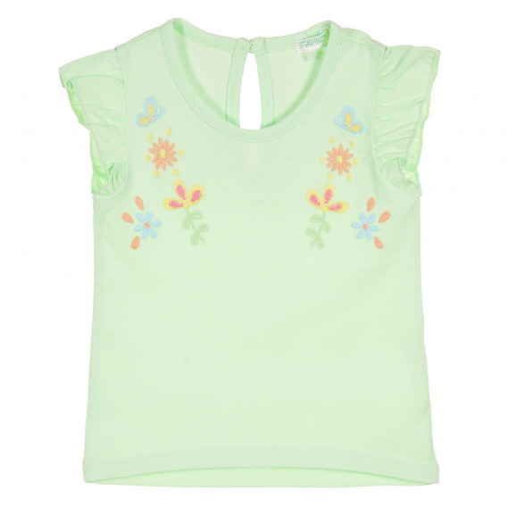 Βαμβακερό μπλουζάκι με κέντημα και μπούκλες για ένα μωρό, πράσινο Benetton 228825 