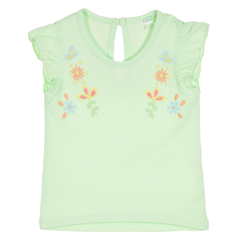 Βαμβακερό μπλουζάκι με κέντημα και μπούκλες για ένα μωρό, πράσινο  228825