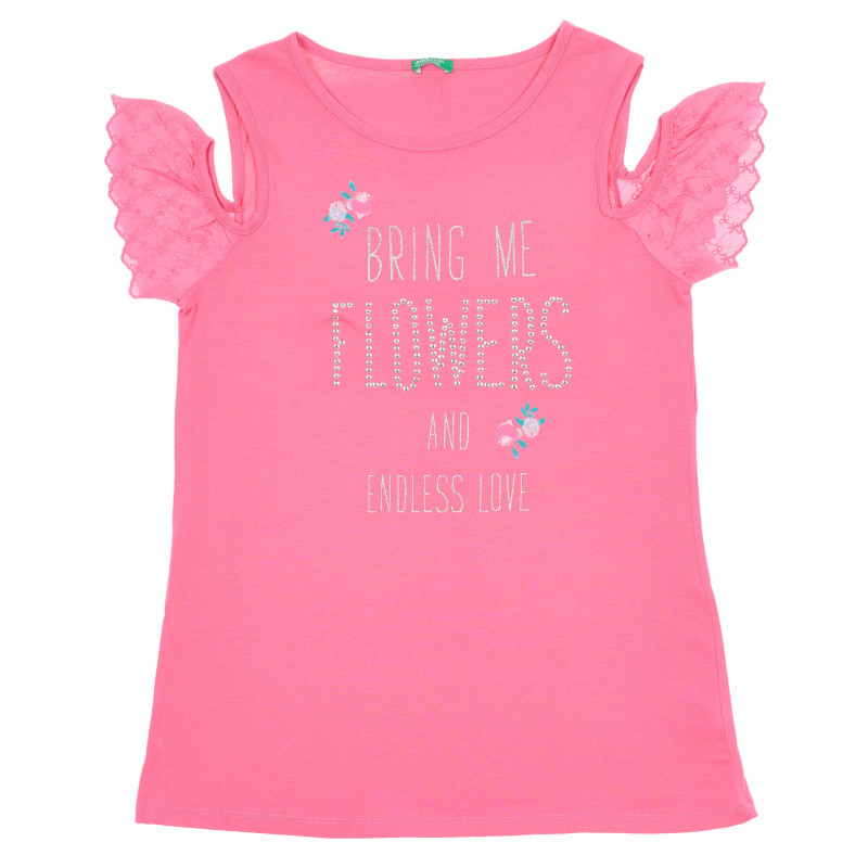 Βαμβακερή μπλούζα με κοντά μανίκια και επιγραφή, ροζ  229025