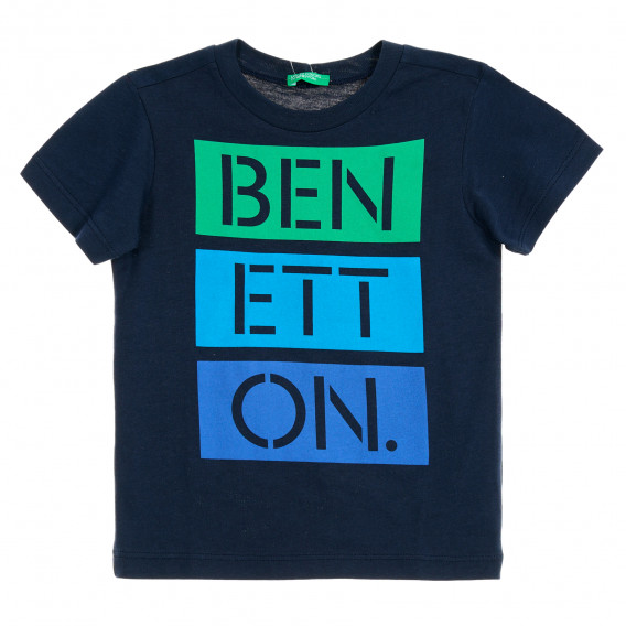 Βαμβακερό μπλουζάκι με πολύχρωμη επιγραφή της μάρκας, μπλε Benetton 229557 