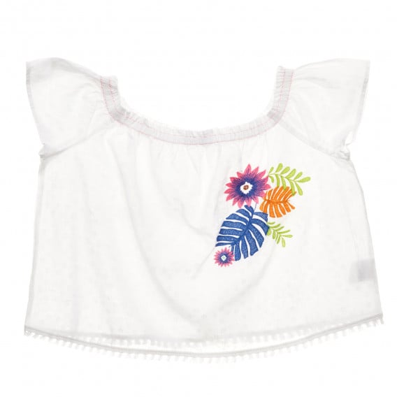 Βαμβακερή μπλούζα με κοντά μανίκια και κέντημα λουλουδιών, λευκή Benetton 229623 